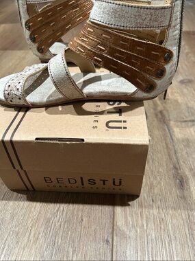 Bed Stu Beige and Tan Leather Strappy Sandals